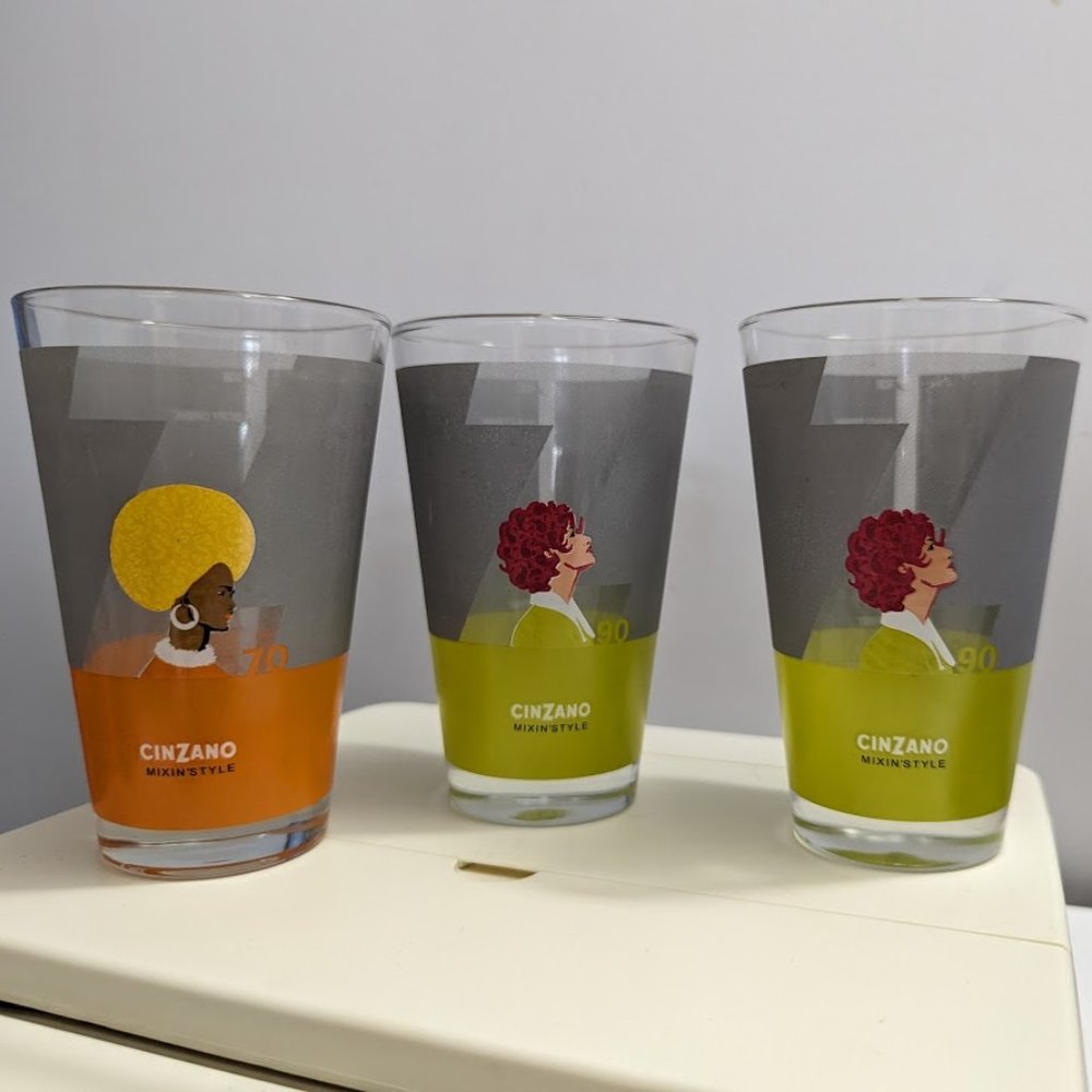 3x Cinzano Mixing Style Glasses 1970's & 1990's